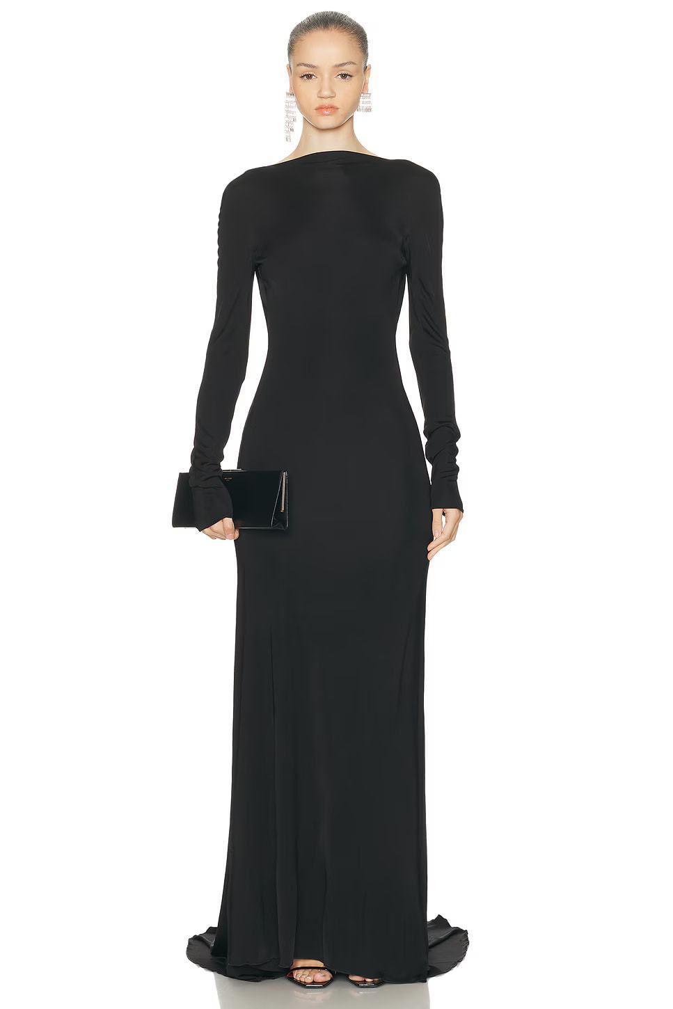 Tilly Long Sleeve Backless Ruched Maxi Dress In Black