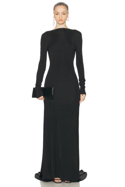Tilly Long Sleeve Backless Ruched Maxi Dress In Black