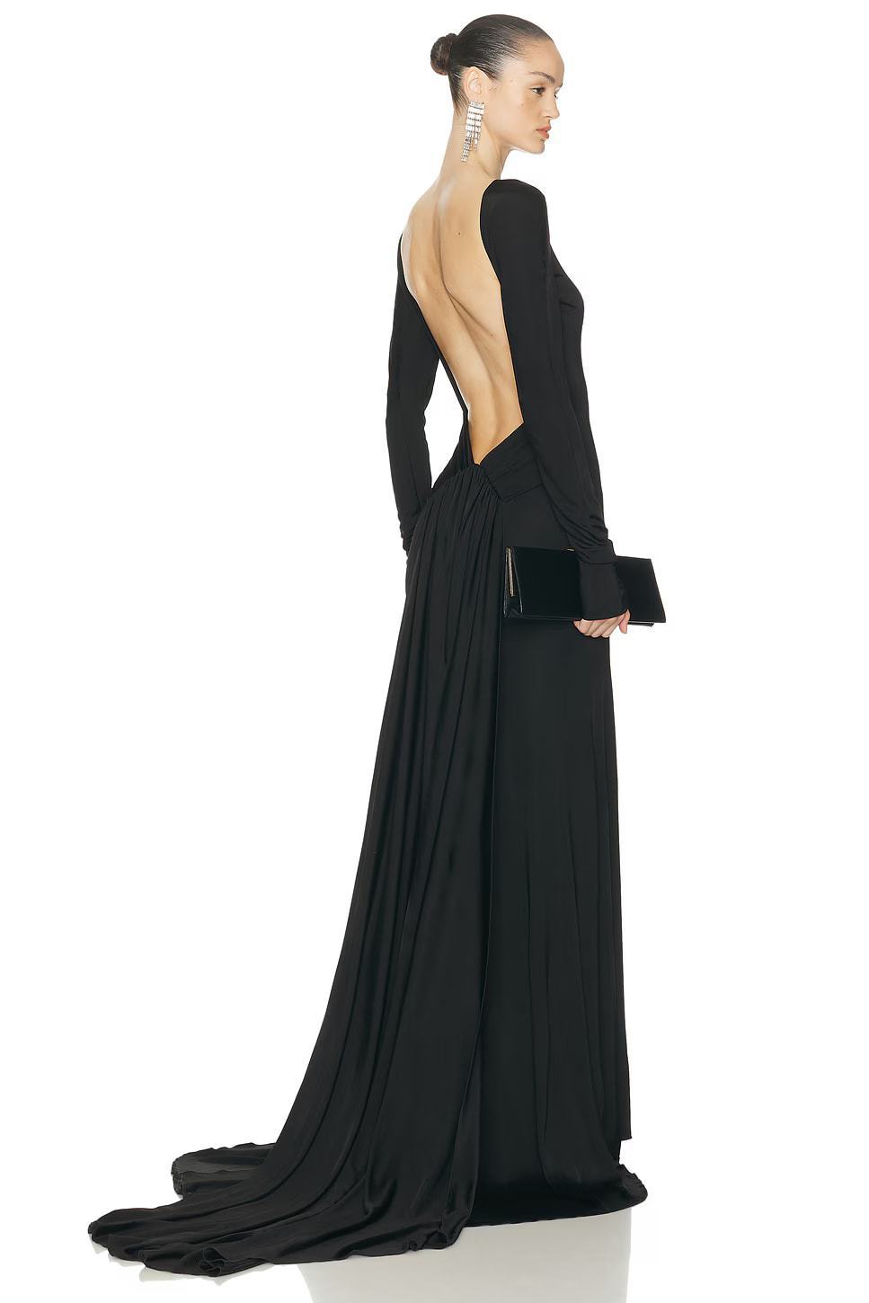 Tilly Long Sleeve Backless Ruched Maxi Dress In Black
