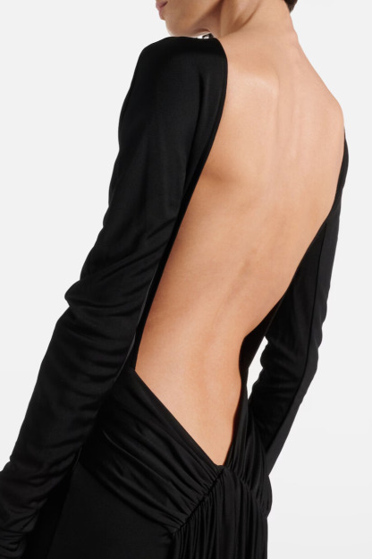 Tilly Long Sleeve Backless Ruched Maxi Dress In Black