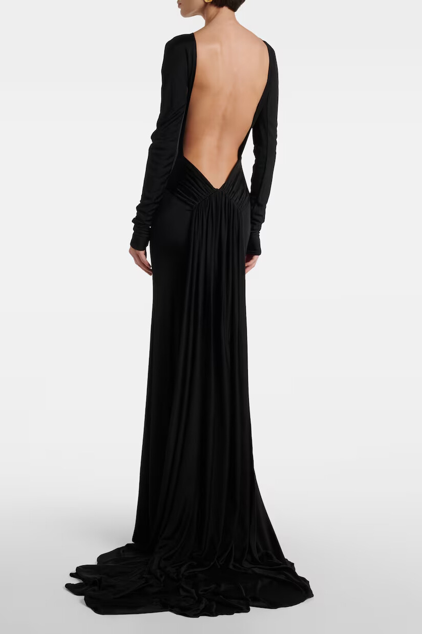 Tilly Long Sleeve Backless Ruched Maxi Dress In Black