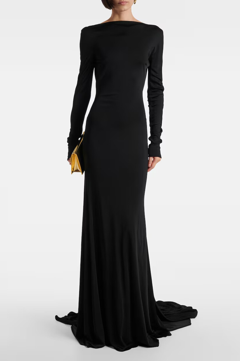 Tilly Long Sleeve Backless Ruched Maxi Dress In Black