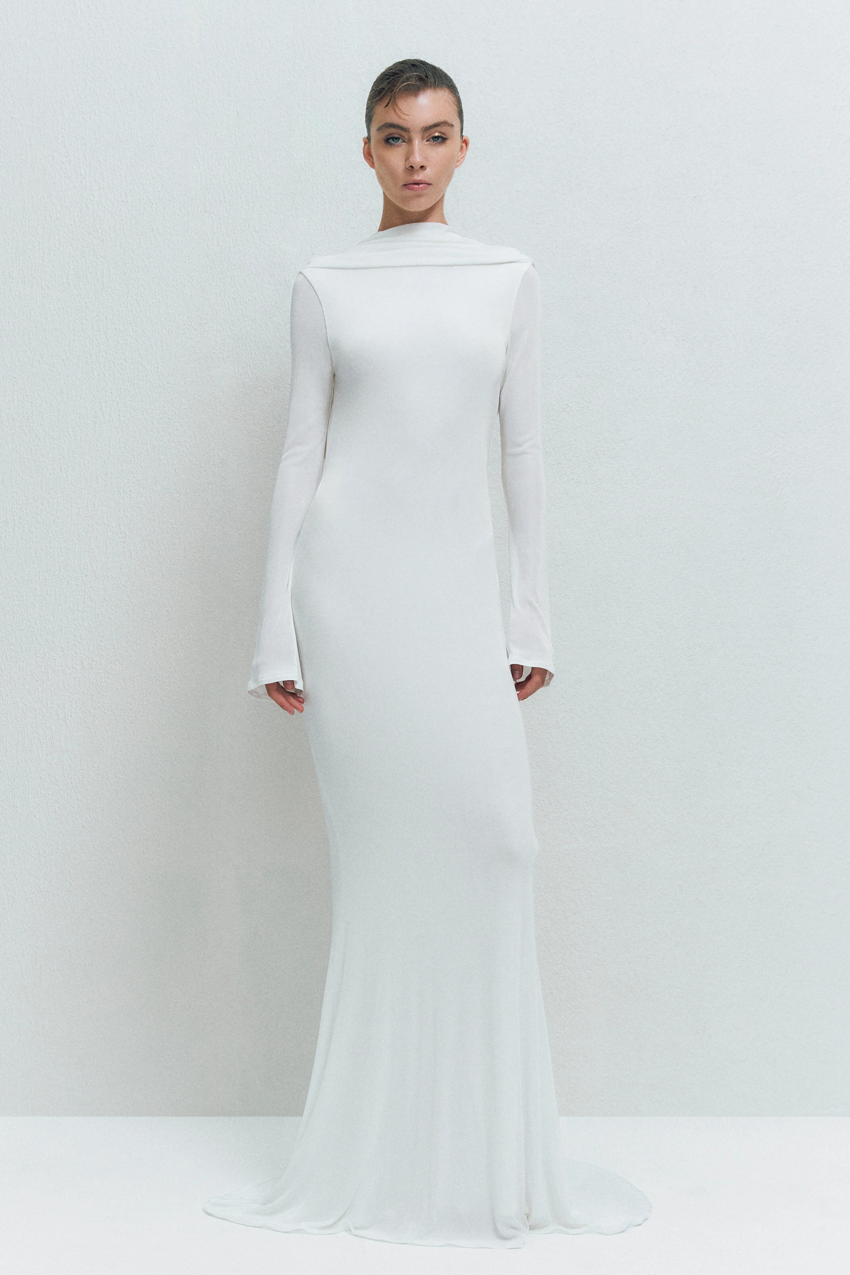 Tilly Long Sleeve Backless Draped Maxi Dress In White