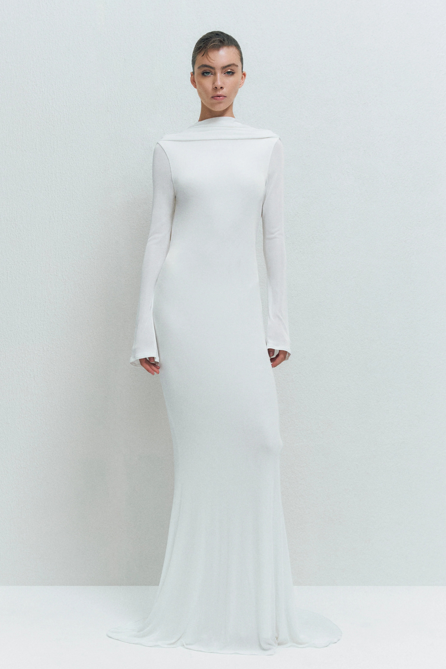 Tilly Long Sleeve Backless Draped Maxi Dress In White