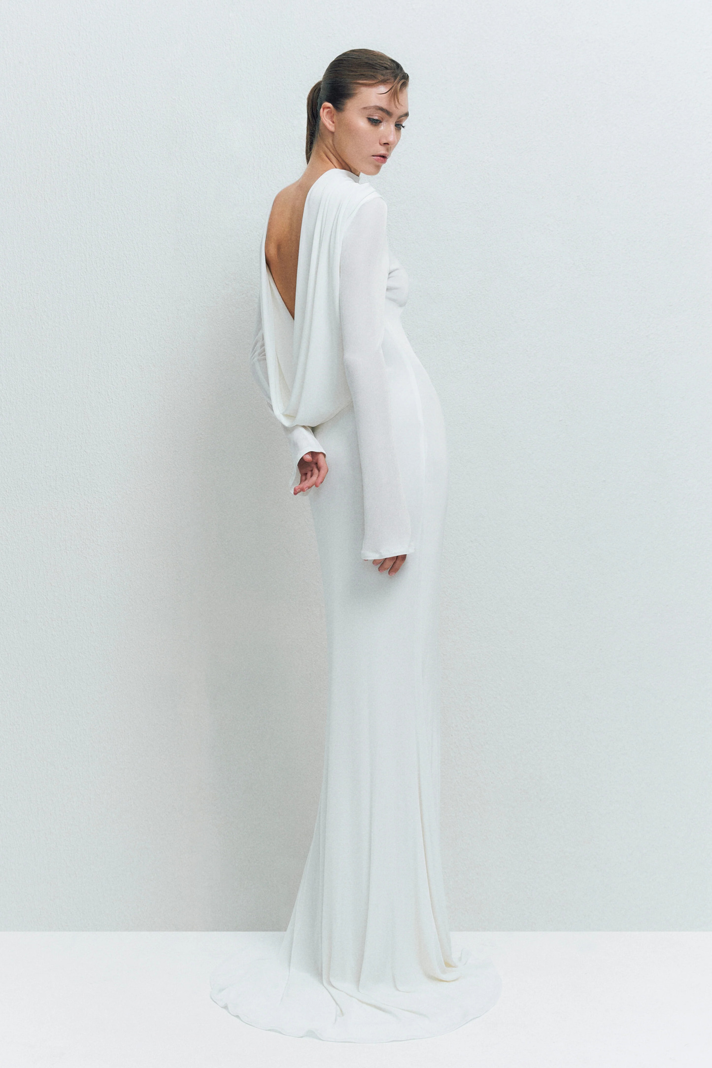 Tilly Long Sleeve Backless Draped Maxi Dress In White