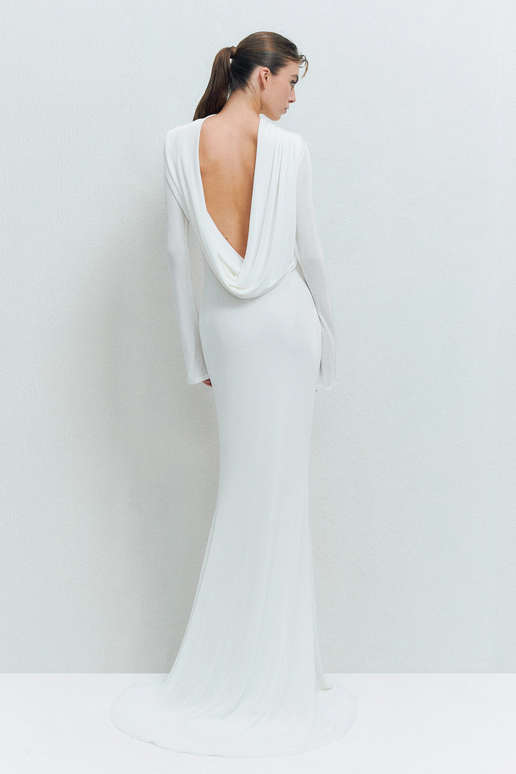 Tilly Long Sleeve Backless Draped Maxi Dress In White