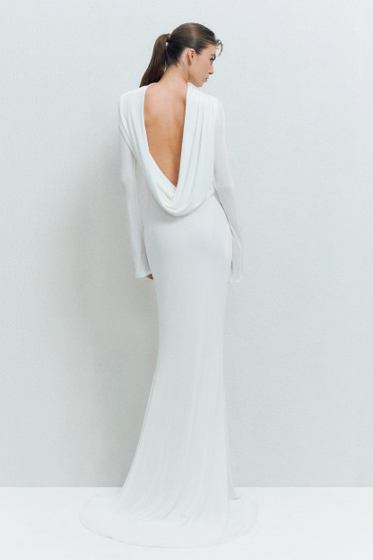 Tilly Long Sleeve Backless Draped Maxi Dress In White