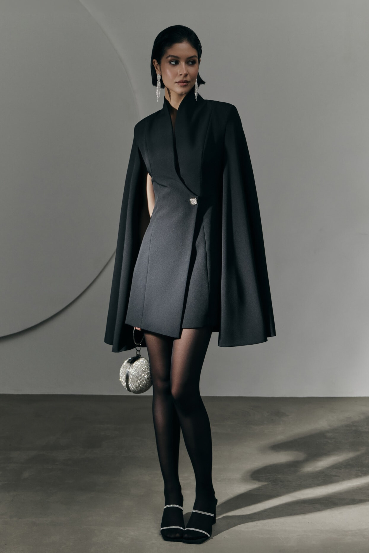 Cinda Cape Sleeve Mini Suit Dress In Black