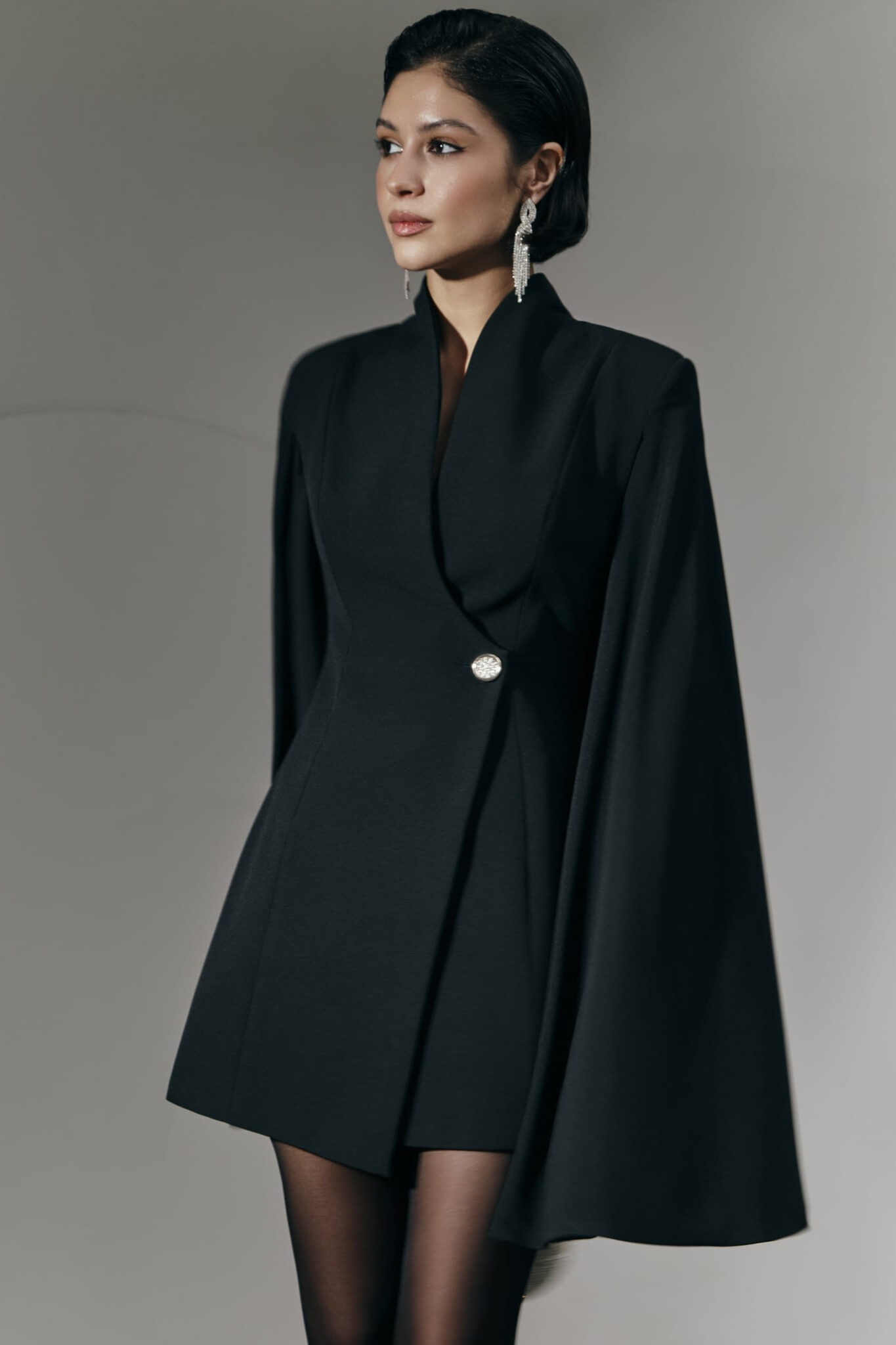 Cinda Cape Sleeve Mini Suit Dress In Black