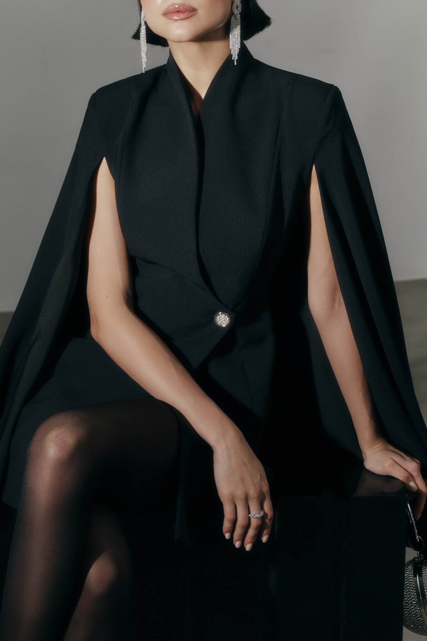 Cinda Cape Sleeve Mini Suit Dress In Black