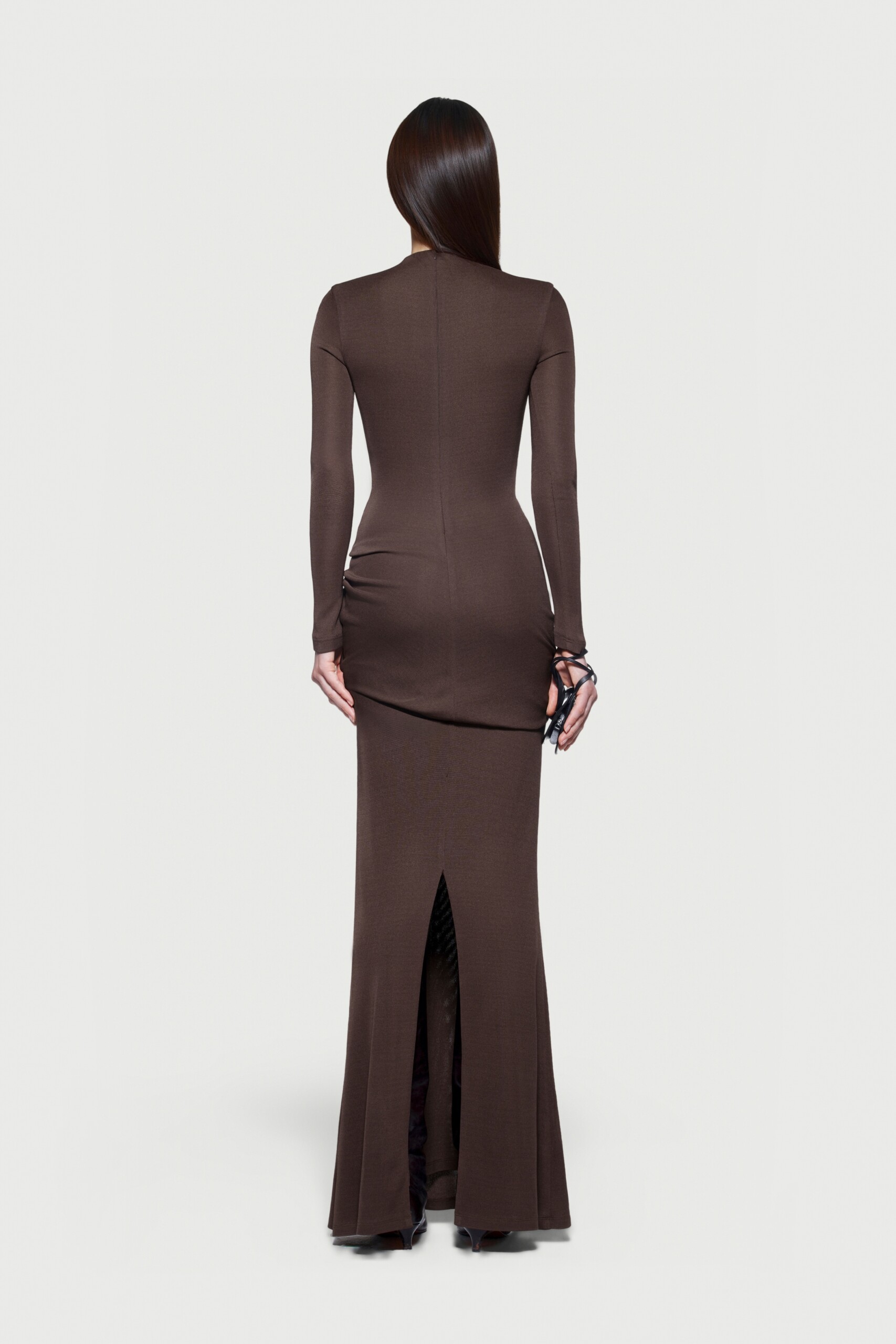 Kindra Long Sleeve Ruched Maxi Dress In Brown