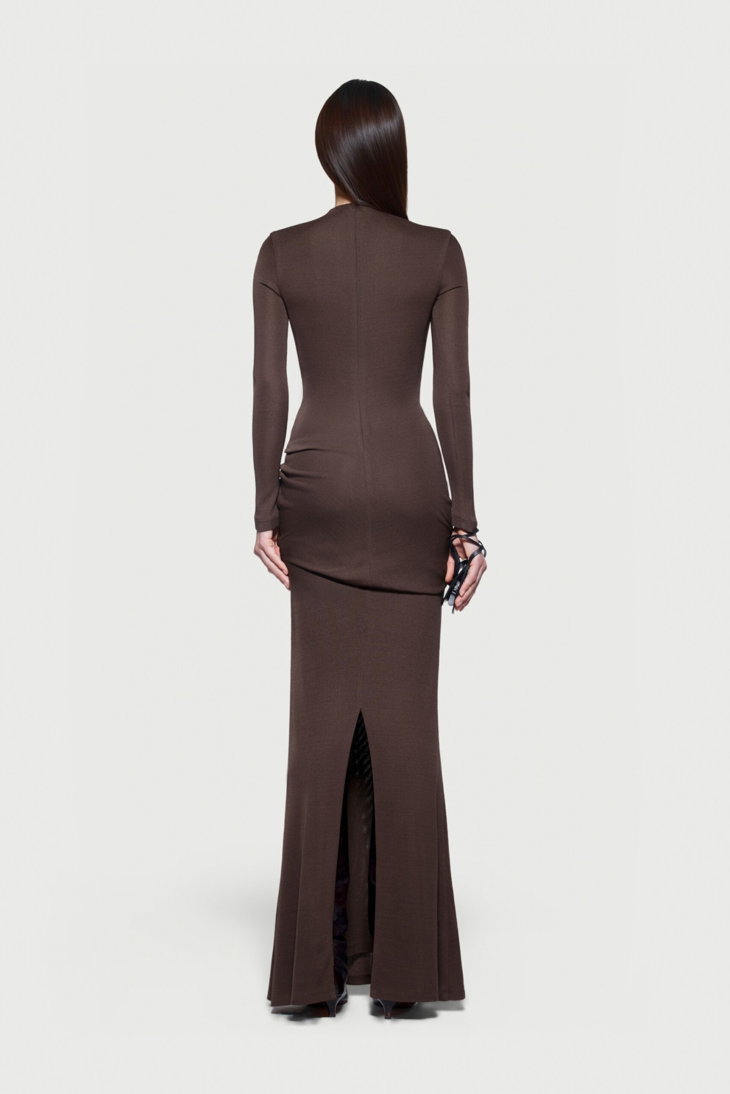 Kindra Long Sleeve Ruched Maxi Dress In Brown