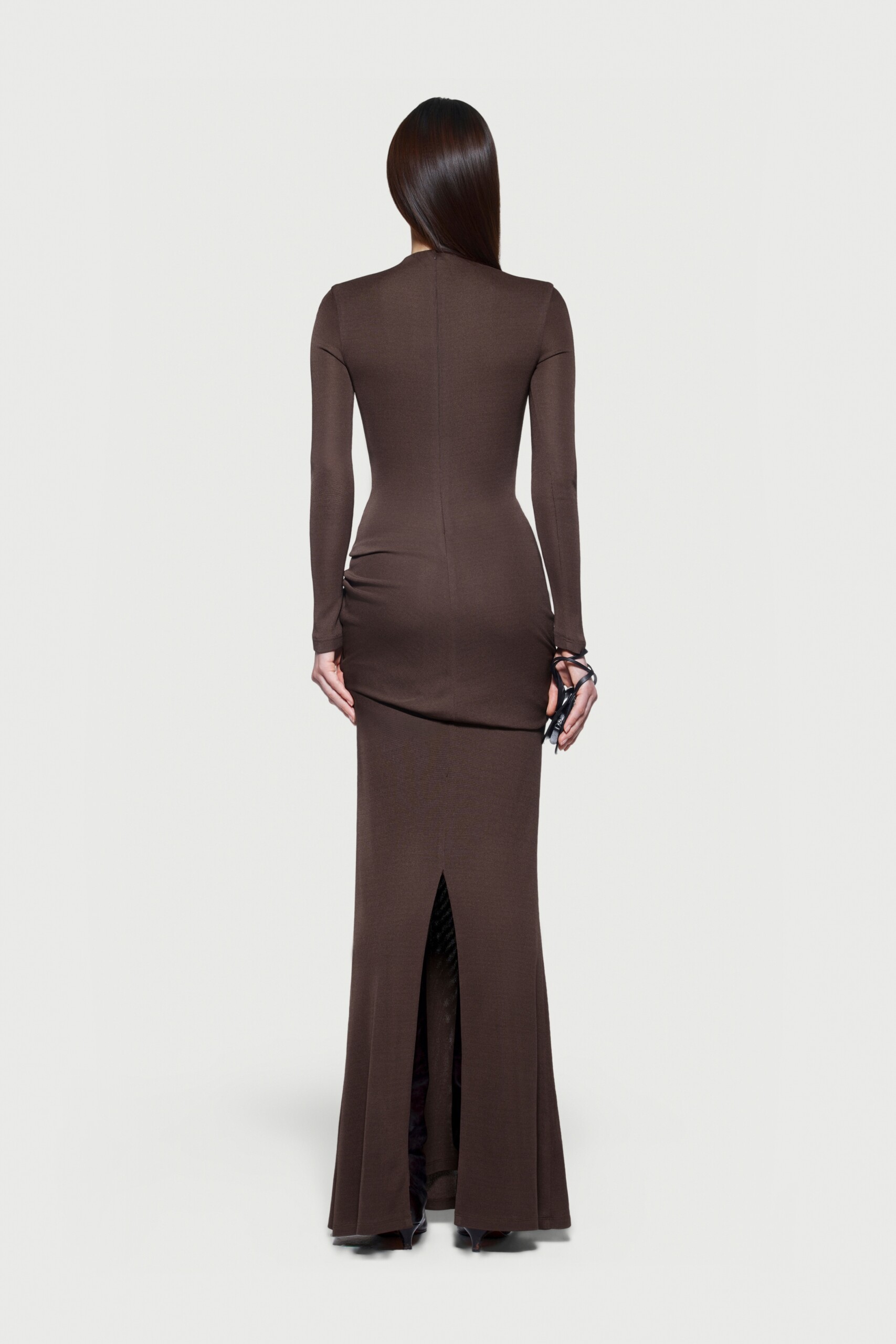 Kindra Long Sleeve Ruched Maxi Dress In Brown