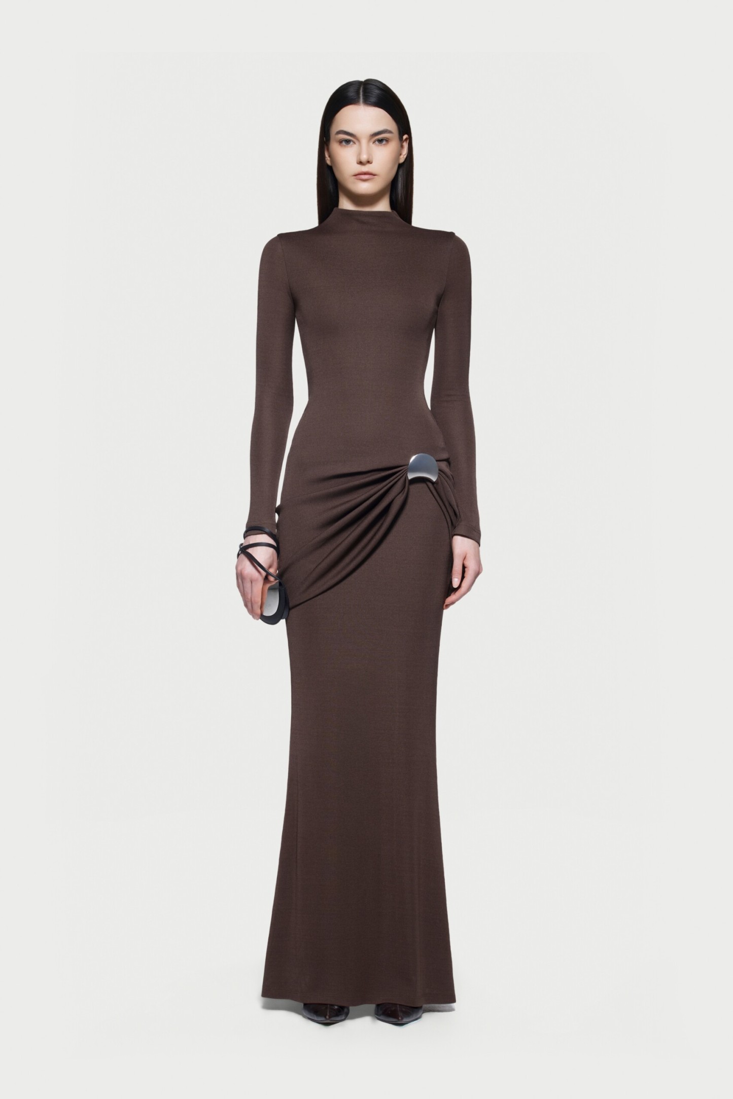 Kindra Long Sleeve Ruched Maxi Dress In Brown