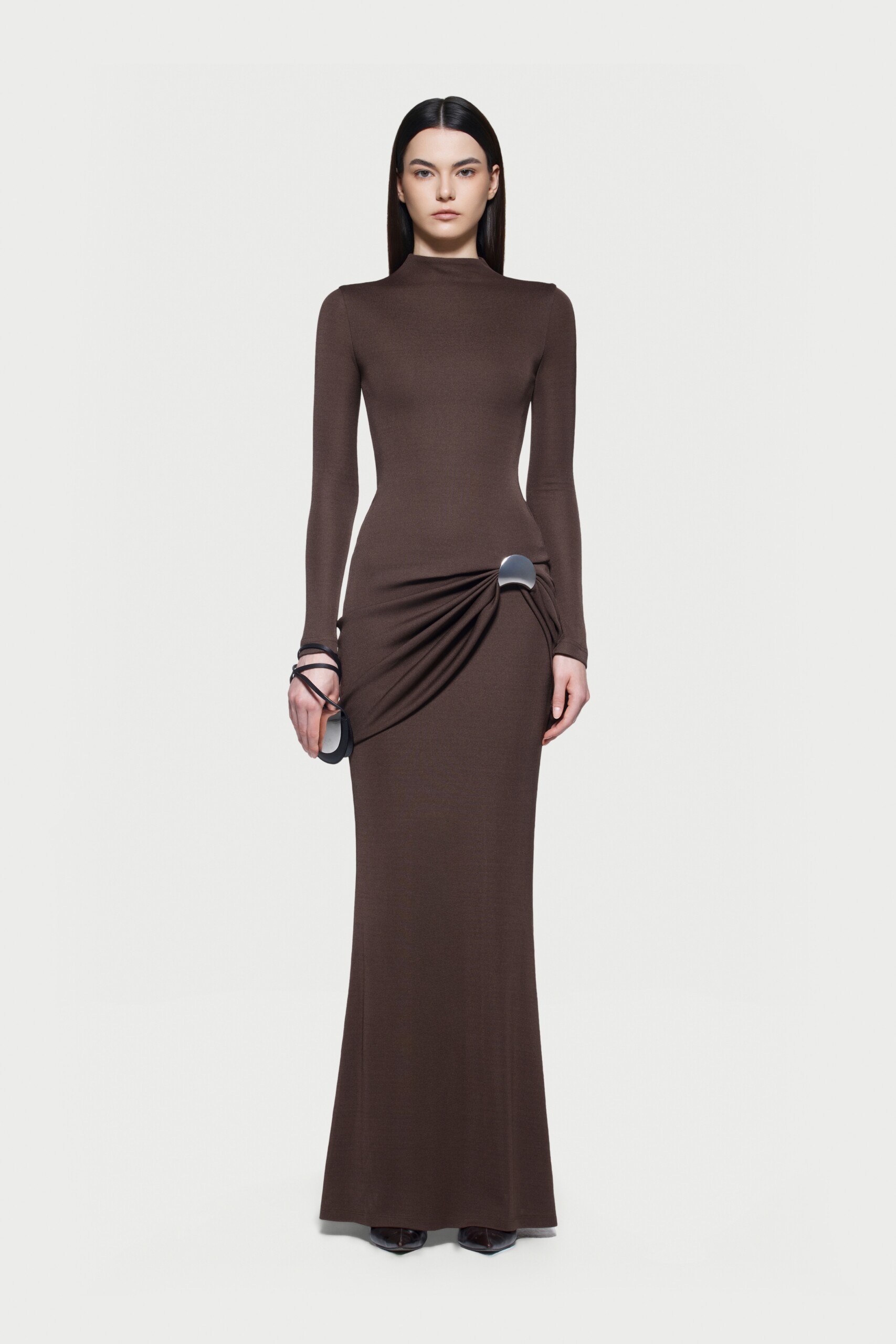 Kindra Long Sleeve Ruched Maxi Dress In Brown