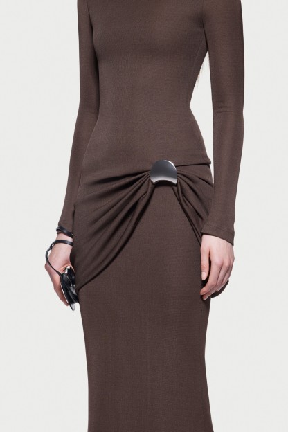 Kindra Long Sleeve Ruched Maxi Dress In Brown