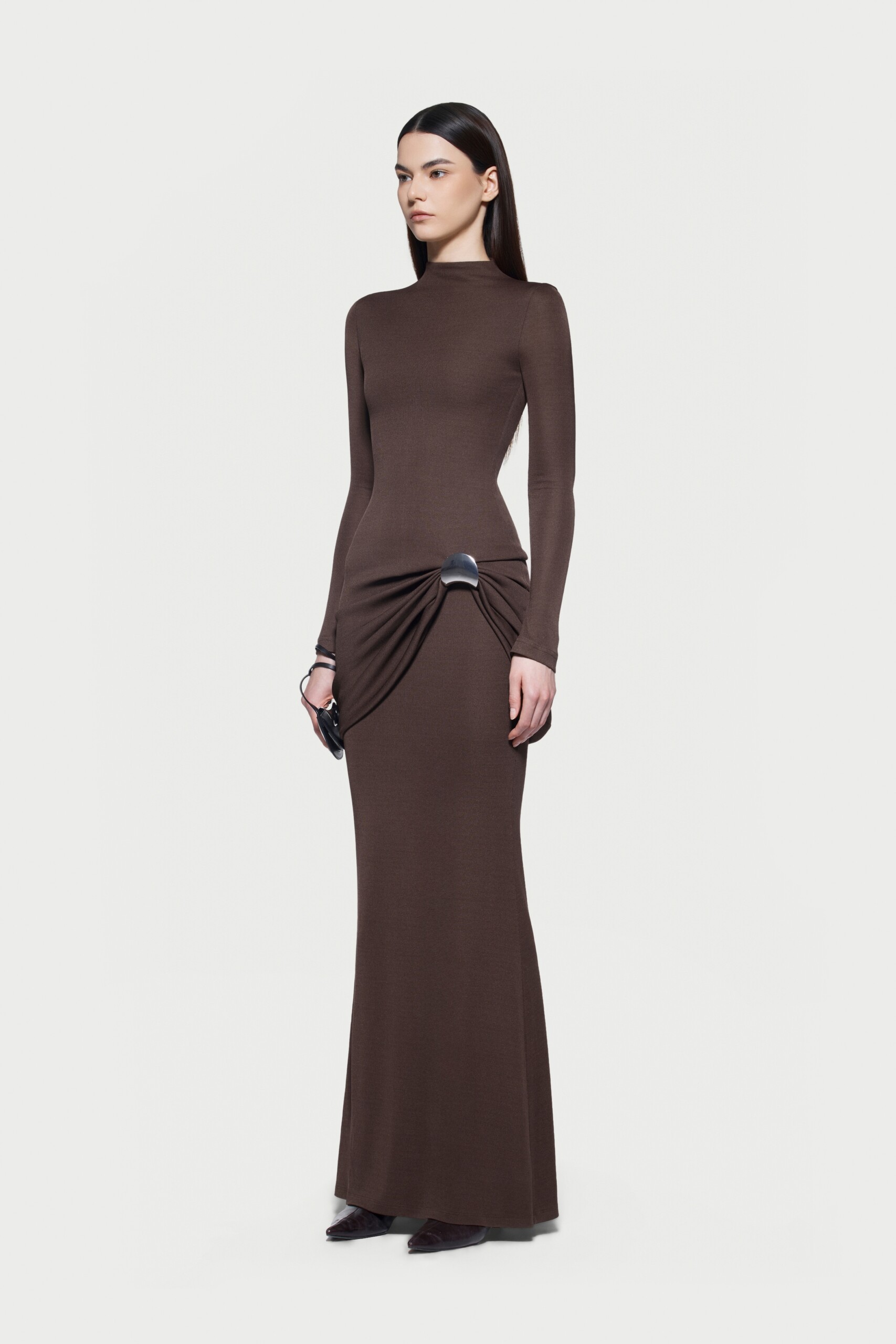 Kindra Long Sleeve Ruched Maxi Dress In Brown
