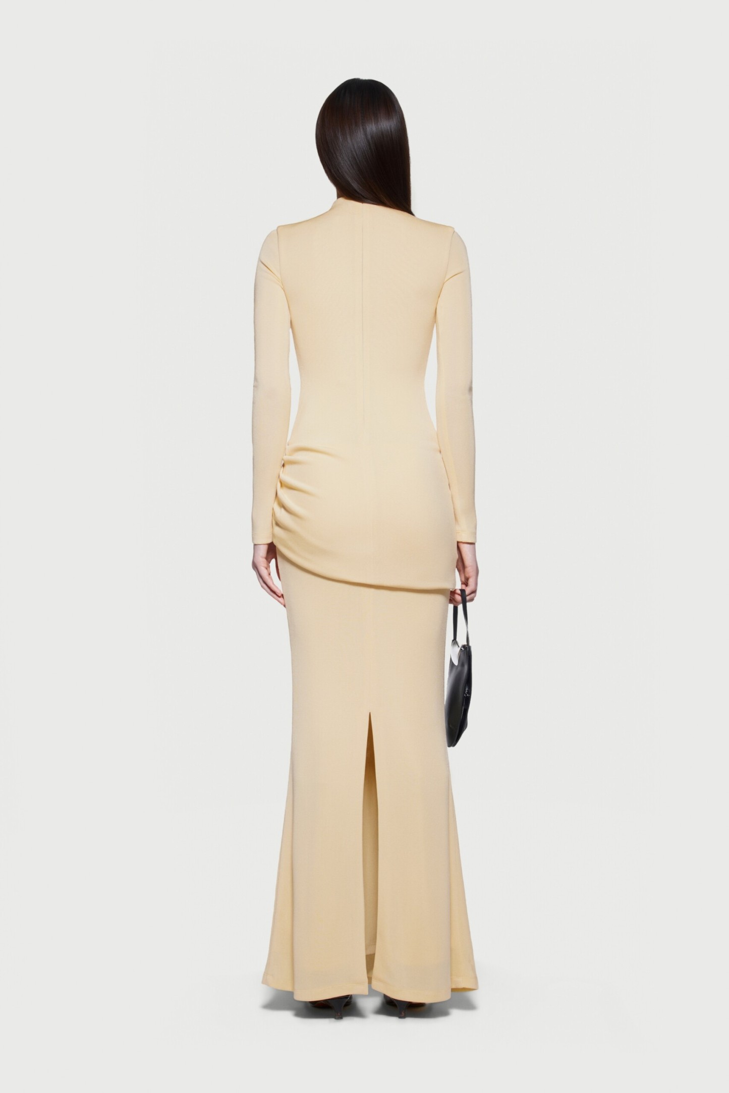 Kindra Long Sleeve Ruched Maxi Dress In Yellow