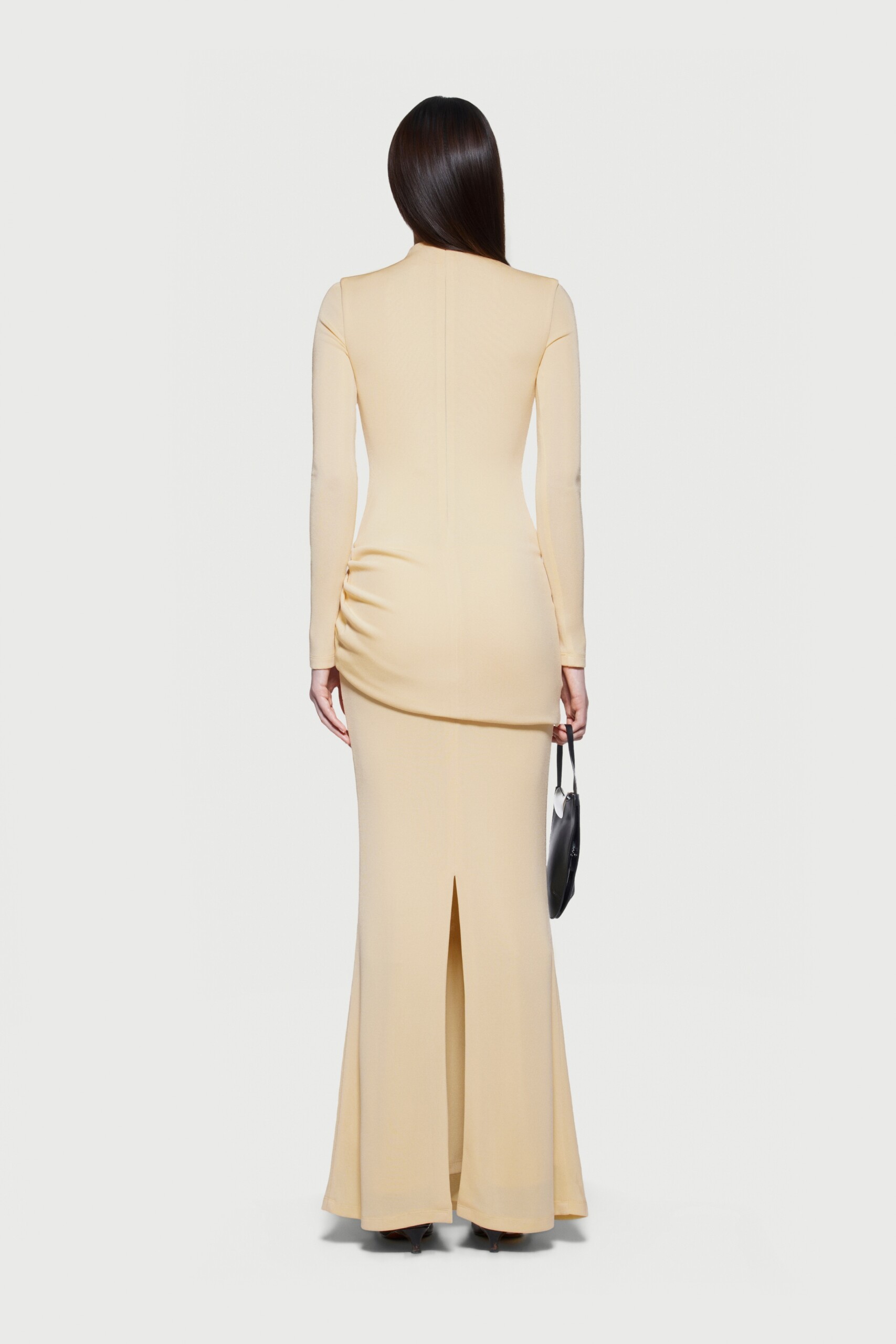Kindra Long Sleeve Ruched Maxi Dress In Yellow