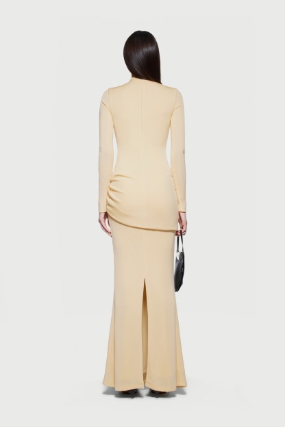 Kindra Long Sleeve Ruched Maxi Dress In Yellow