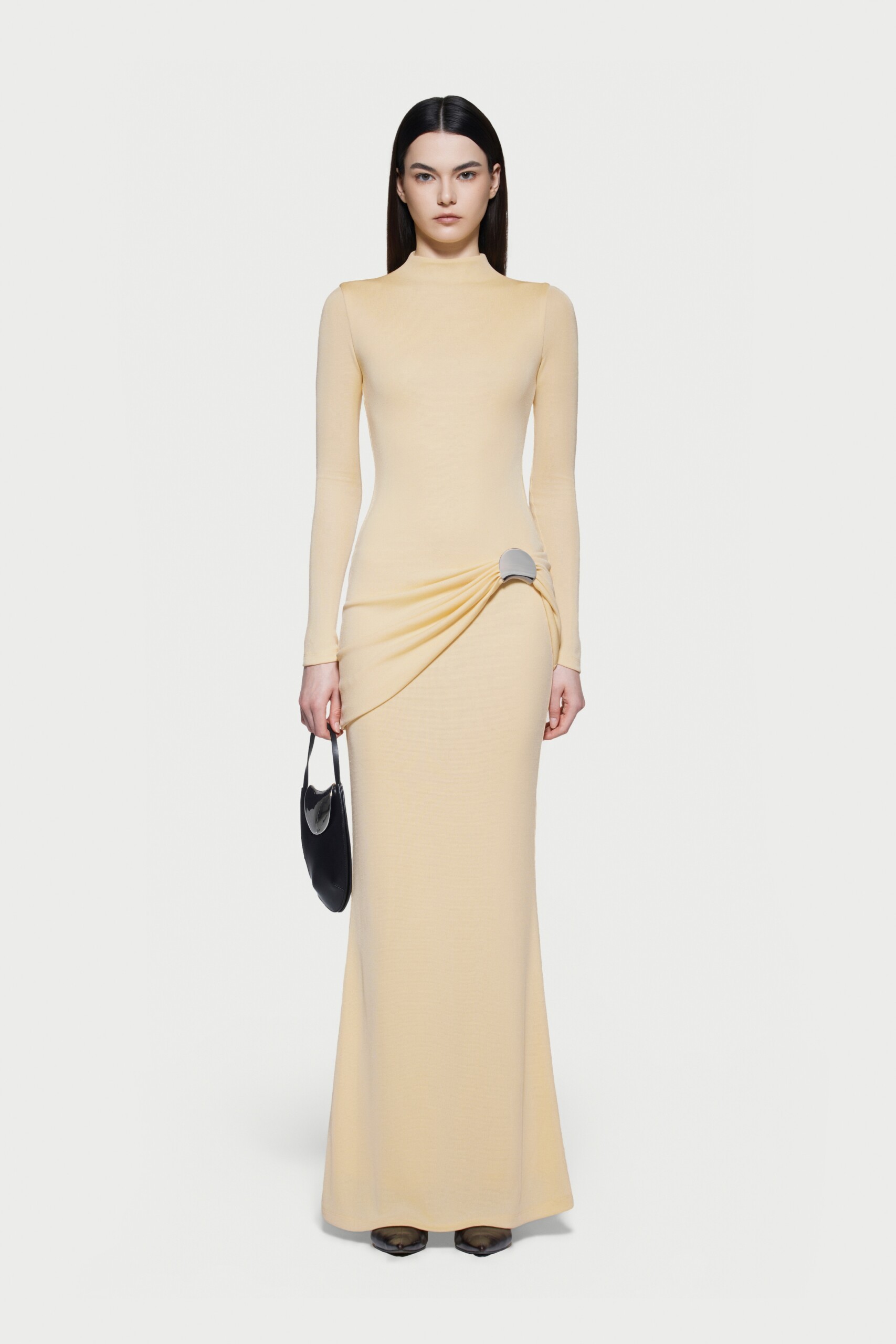 Kindra Long Sleeve Ruched Maxi Dress In Yellow