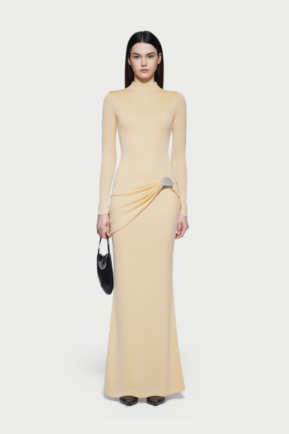 Kindra Long Sleeve Ruched Maxi Dress In Yellow