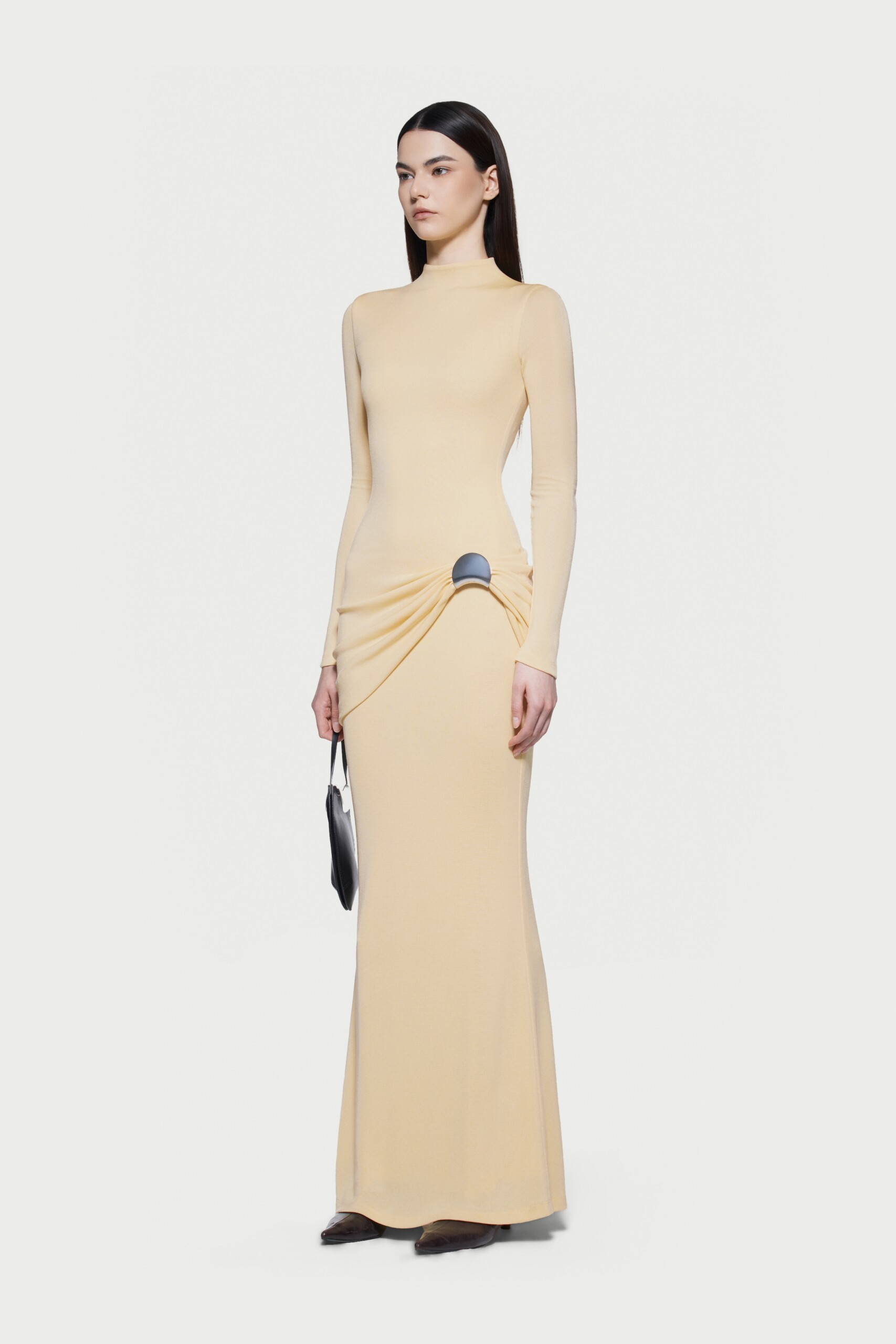 Kindra Long Sleeve Ruched Maxi Dress In Yellow