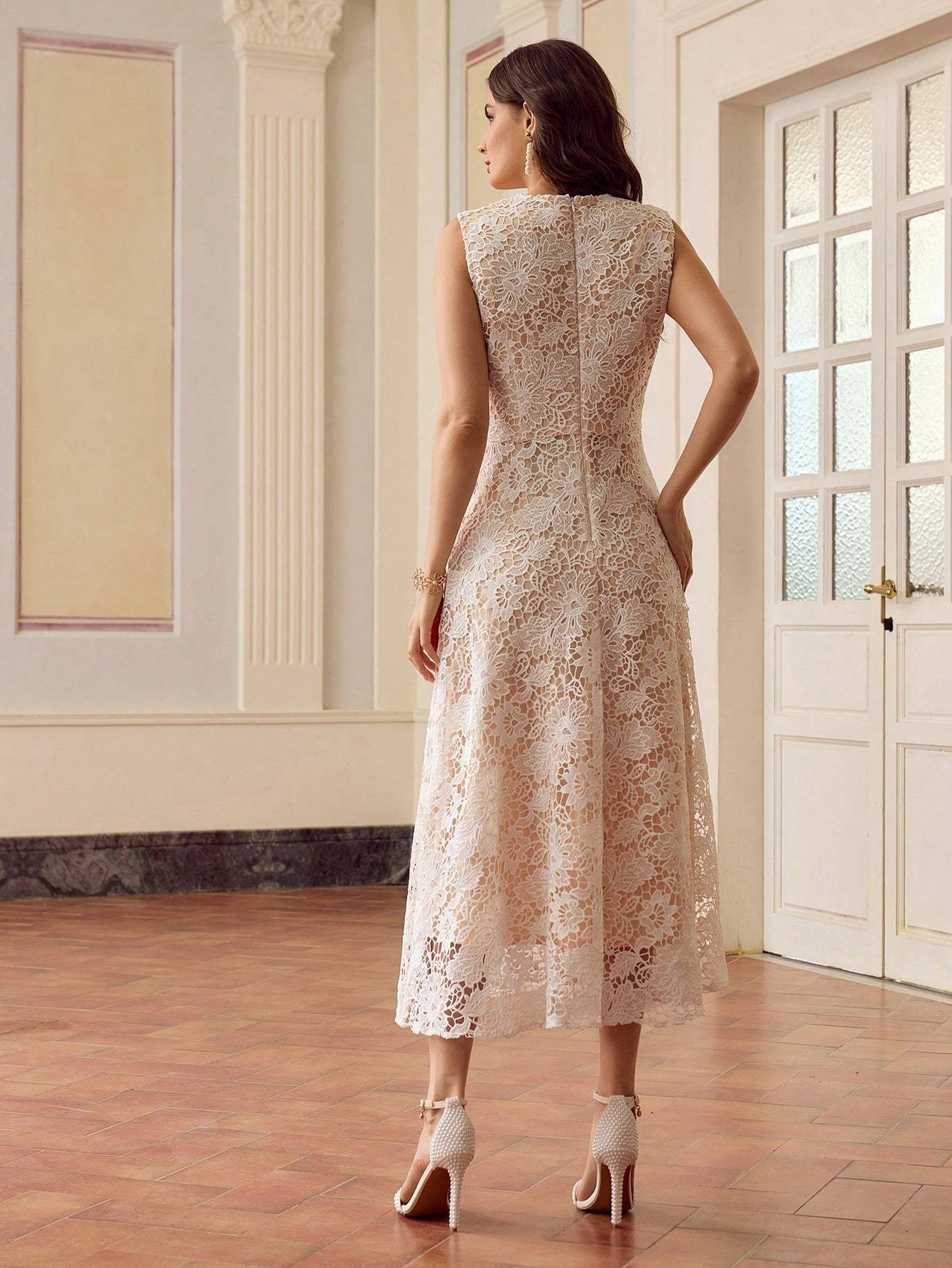 Elijah Sleeveless Floral Lace Midi Dress In White