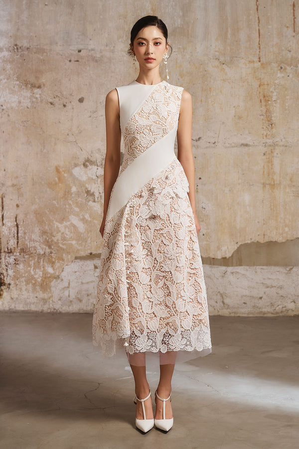 Elijah Sleeveless Floral Lace Midi Dress In White