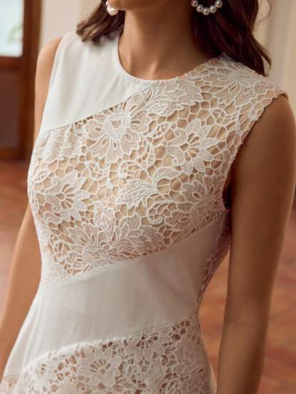 Elijah Sleeveless Floral Lace Midi Dress In White