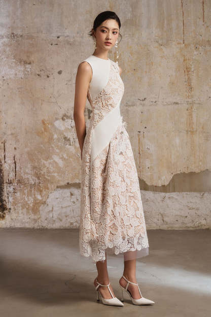 Elijah Sleeveless Floral Lace Midi Dress In White