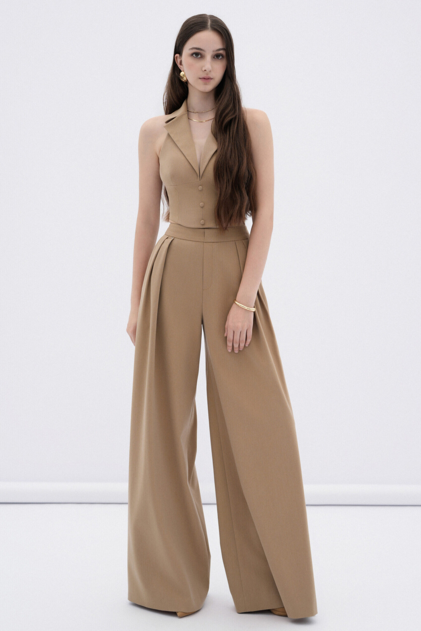 Zelda Sleeveless Folded Collar Pants Set In Khaki