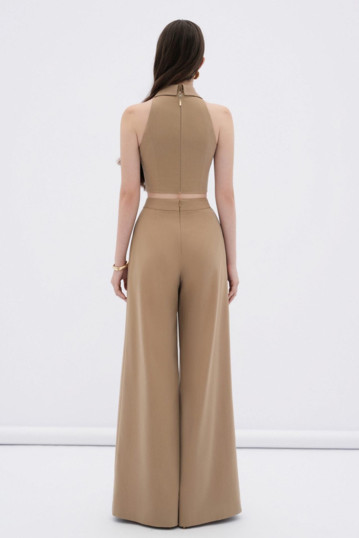 Zelda Sleeveless Folded Collar Pants Set In Khaki