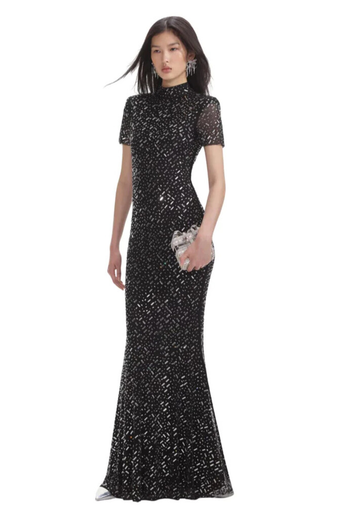 Ensely High Neck Rhinestone Maxi Dress In Black