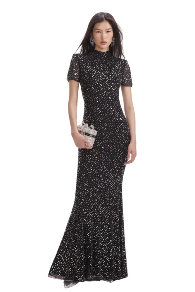 Ensely High Neck Rhinestone Maxi Dress In Black