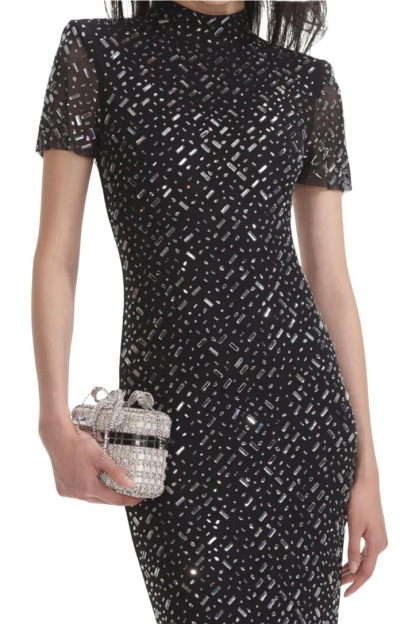 Ensely High Neck Rhinestone Maxi Dress In Black