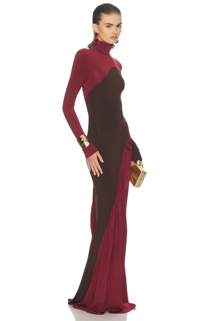 Vanne High Neck Colorblock Maxi Dress In Wine
