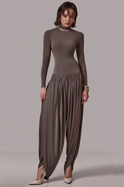 Raziya Long Sleeve Draped Jumpsuit In Grey