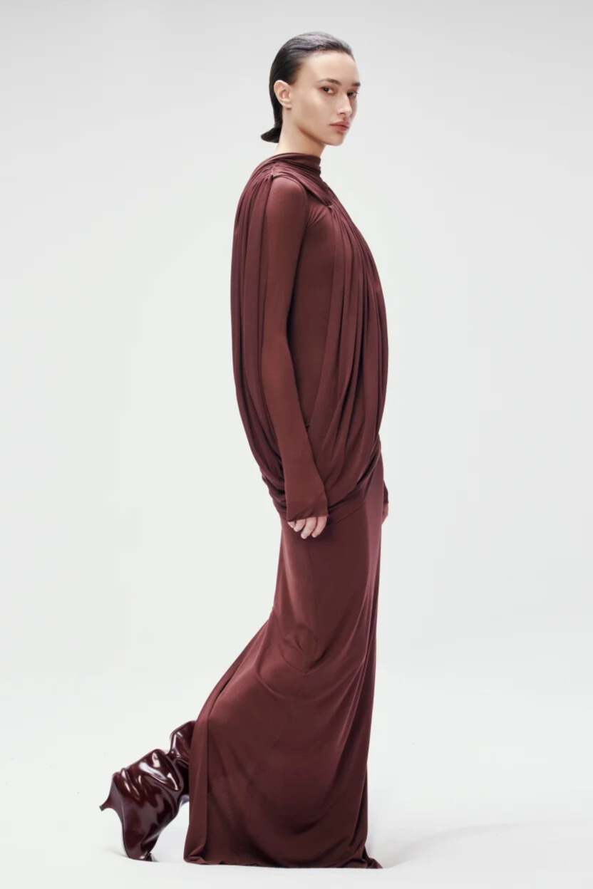 Vespera Asymmetric Draped Maxi Dress In Wine