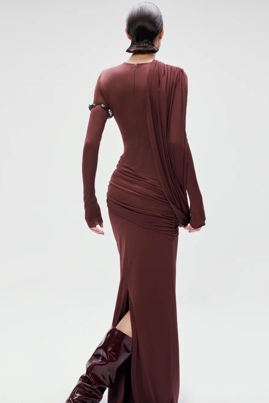 Vespera Asymmetric Draped Maxi Dress In Wine