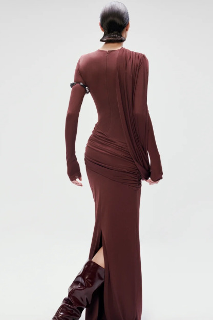 Vespera Asymmetric Draped Maxi Dress In Wine