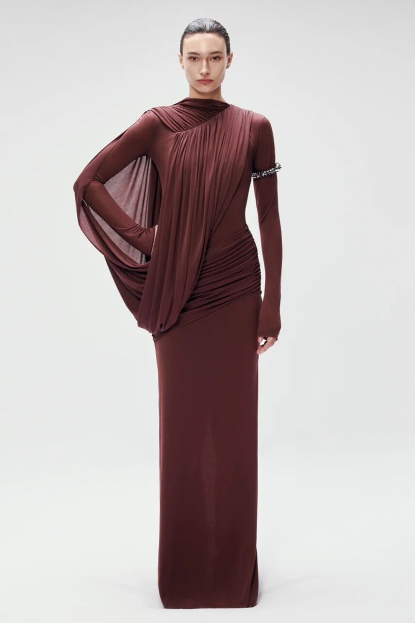 Vespera Asymmetric Draped Maxi Dress In Wine