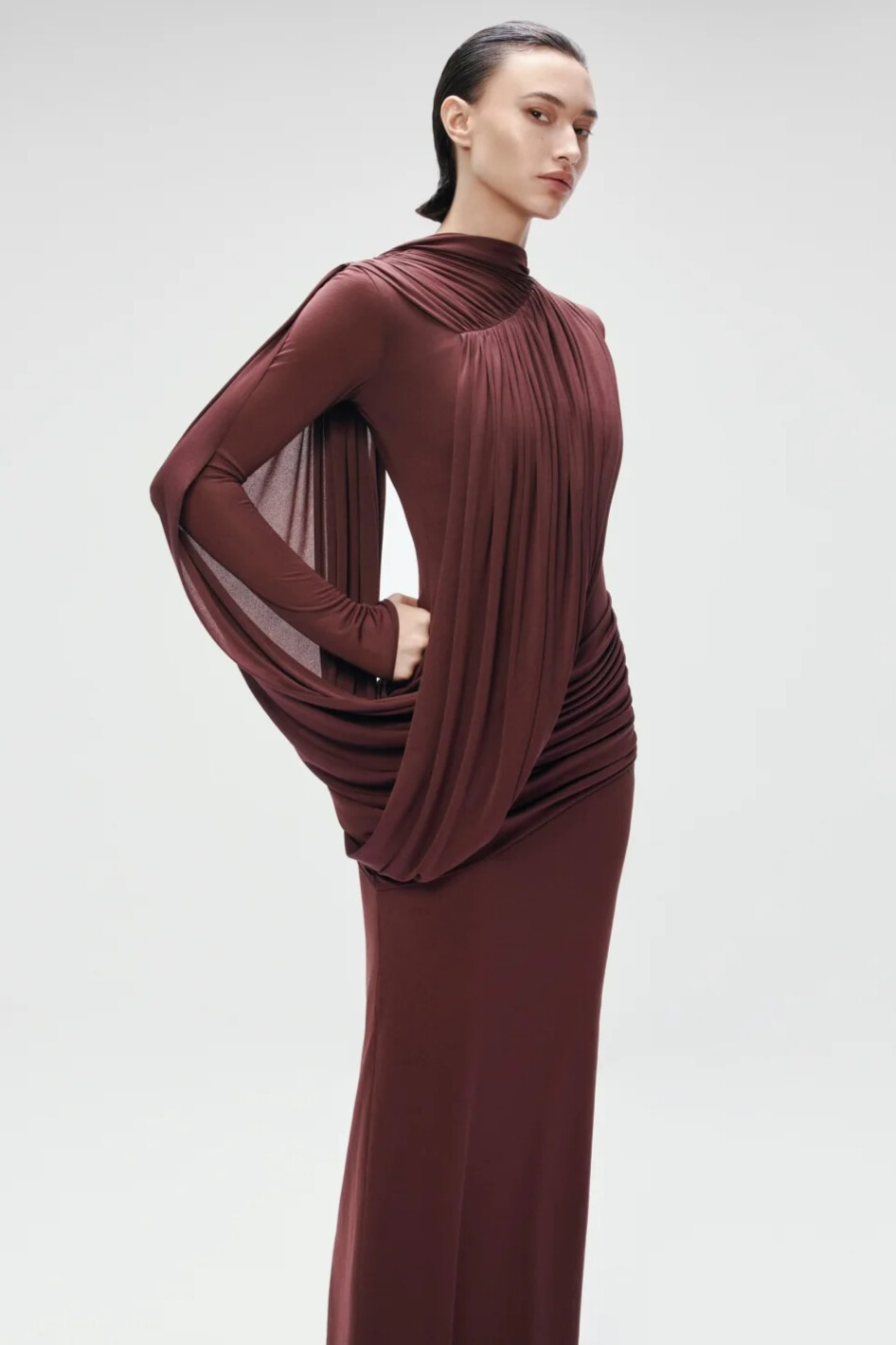 Vespera Asymmetric Draped Maxi Dress In Wine