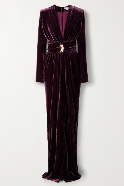 Helia Plunge Neck Velvet Maxi Dress In Plum