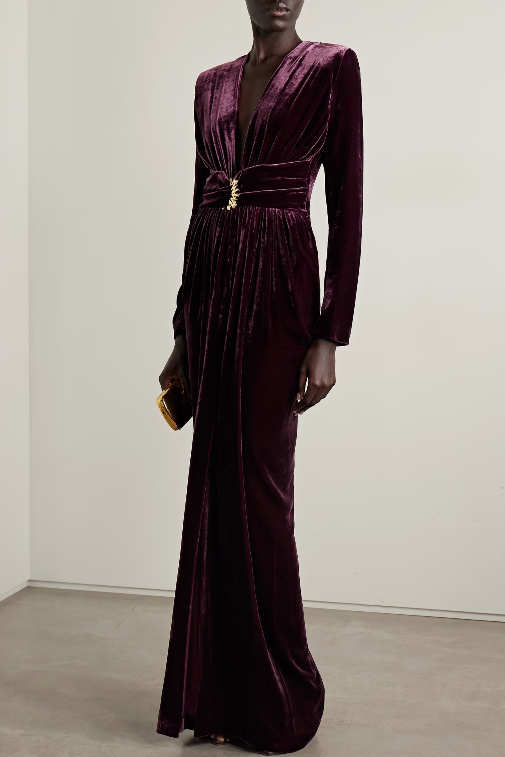 Helia Plunge Neck Velvet Maxi Dress In Plum