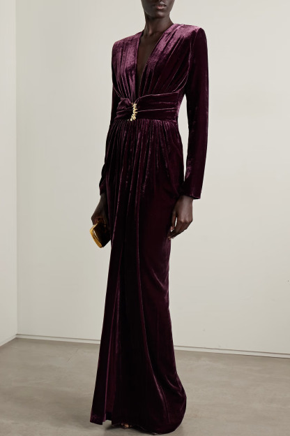 Helia Plunge Neck Velvet Maxi Dress In Plum