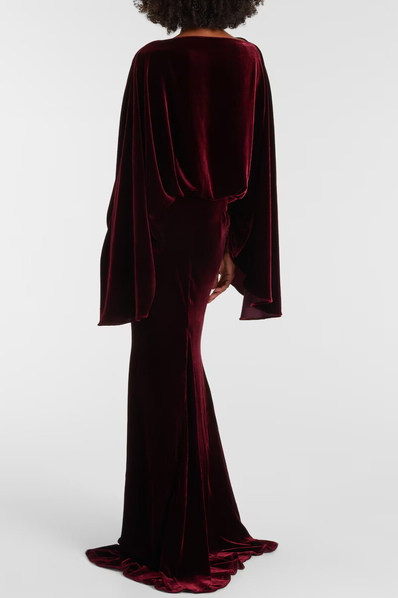 Dixon Cape Sleeve Draped Velvet Maxi Dress In Wine