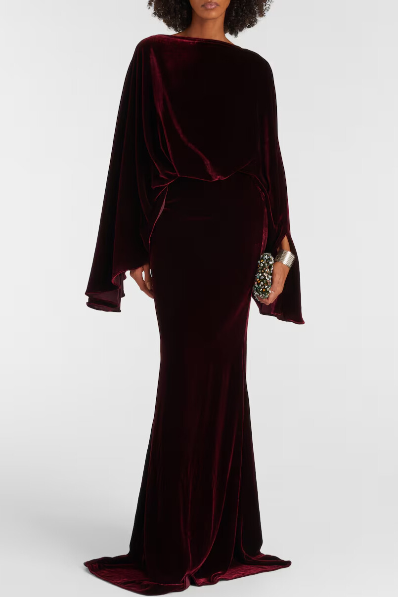 Dixon Cape Sleeve Draped Velvet Maxi Dress In Wine