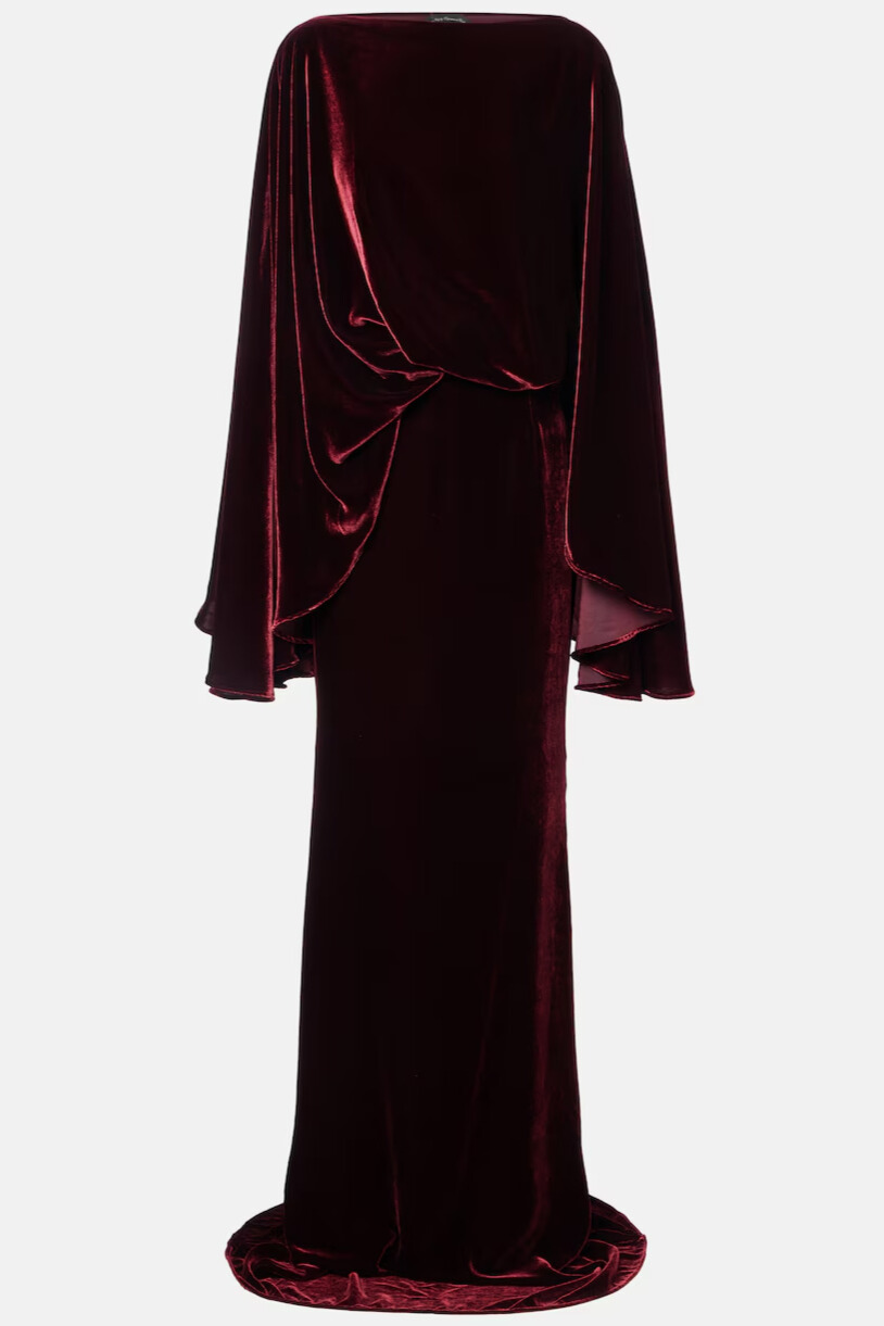 Dixon Cape Sleeve Draped Velvet Maxi Dress In Wine