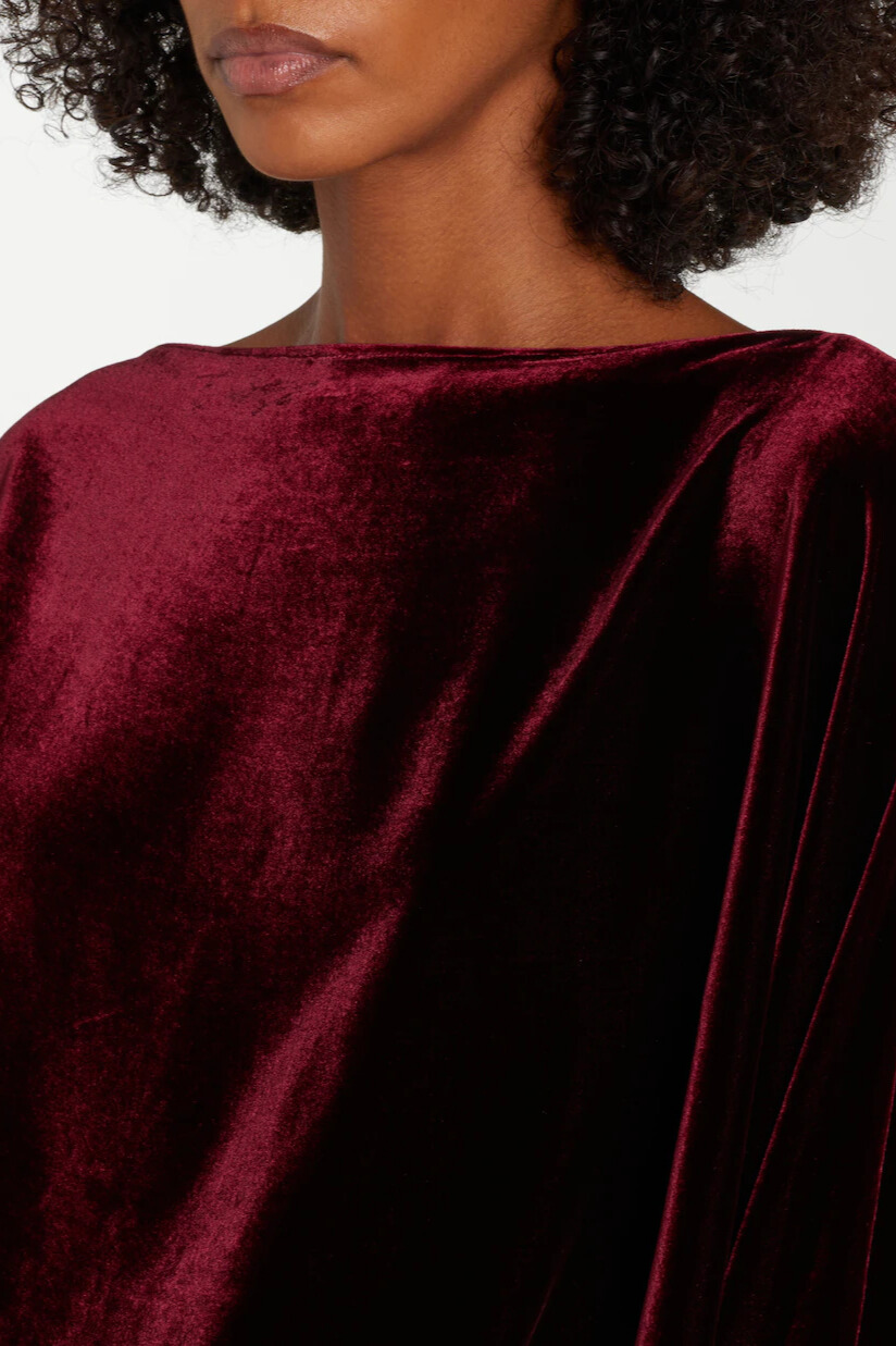 Dixon Cape Sleeve Draped Velvet Maxi Dress In Wine